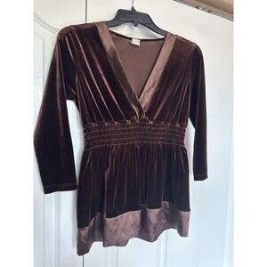 Whimsigoth Agenda Brown Velvet Empire Waist Blouse Size S Flowy Peplum-Style hem